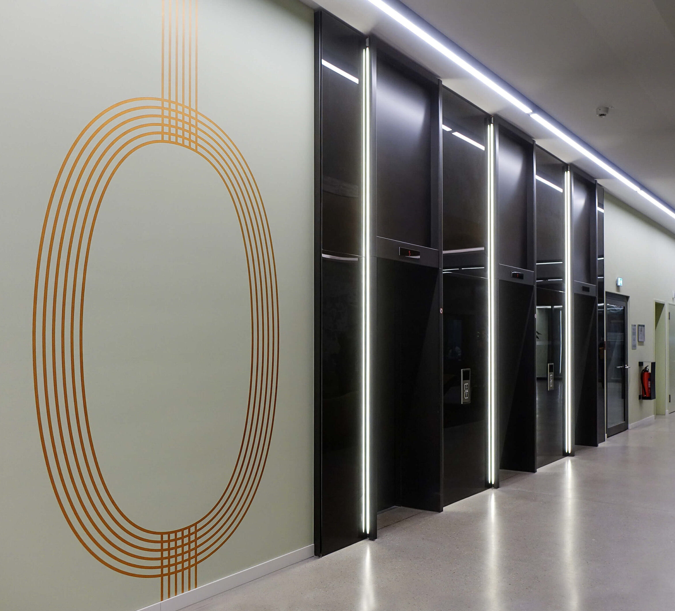 grasblau office building · Liftlanding · Foyer, Lobby · Gold · Null · Etagenkennzeichnung