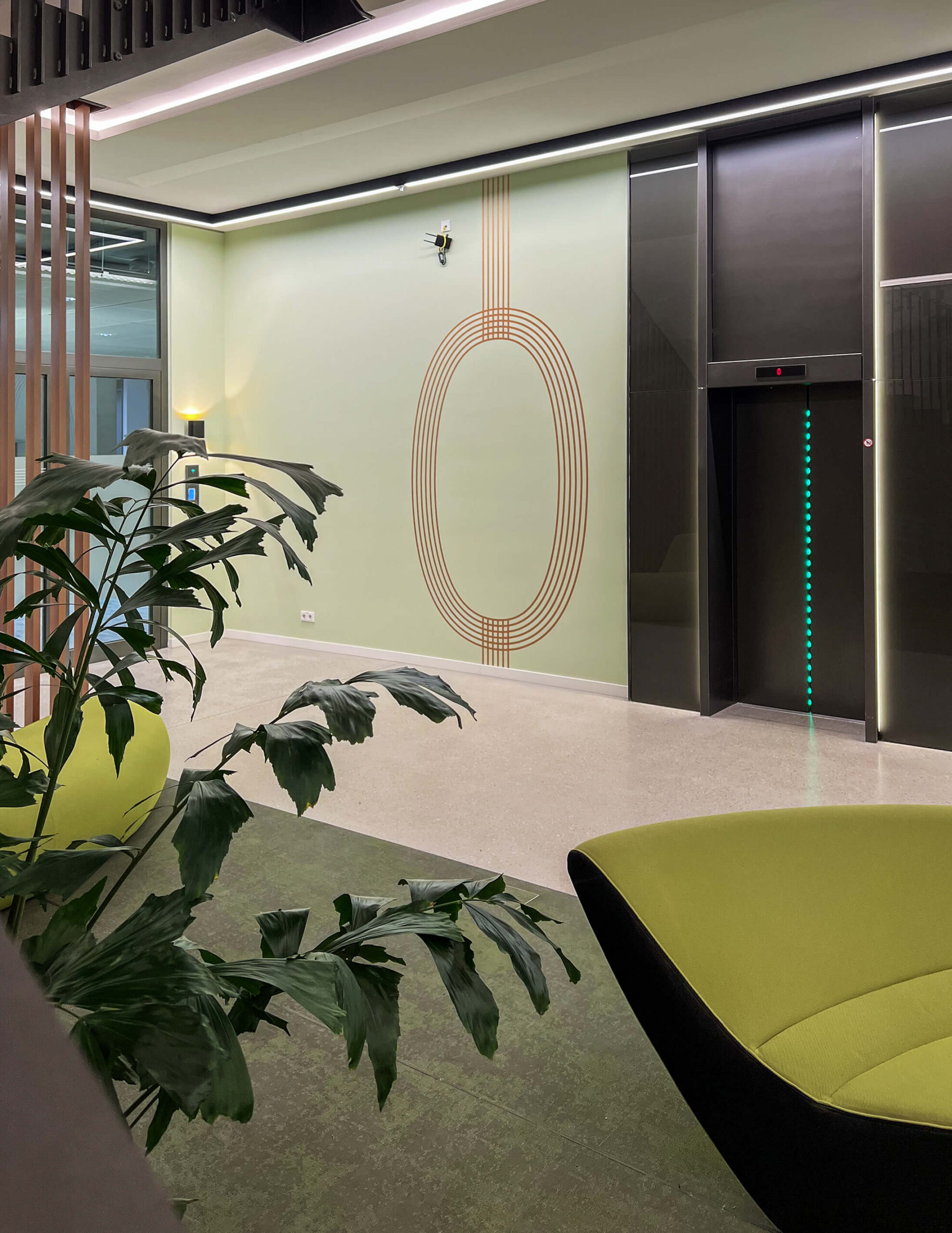 grasblau office building · Lobby, Foyer · Liftlanding · Etagenkennzeichnung · Wandschablonierung · Belegexemplar